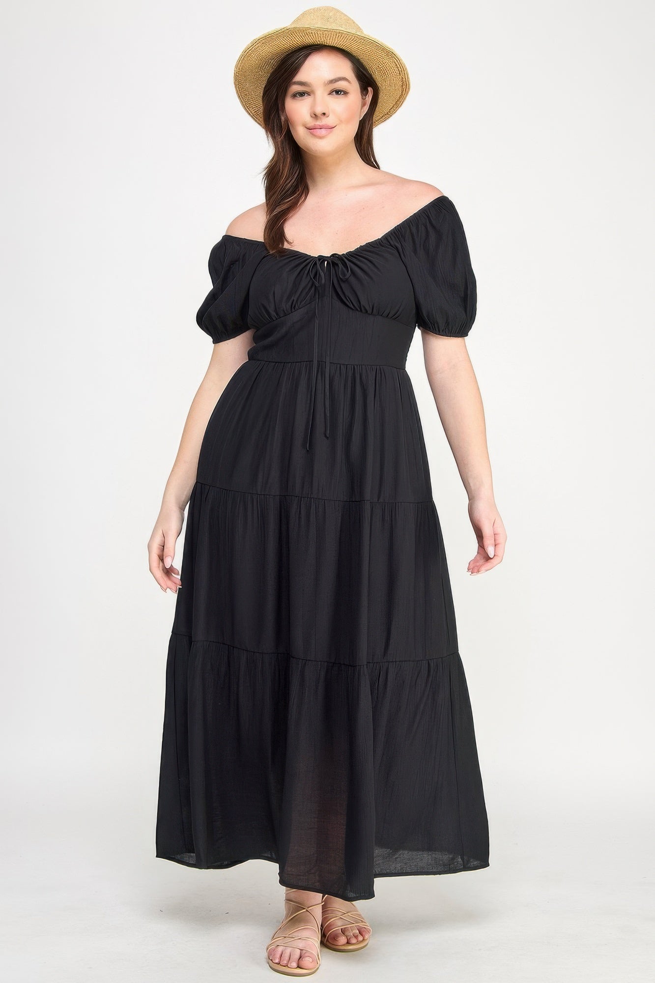 Front Tie Puff Sleeve Tiered Maxi Dress - ZumBuys