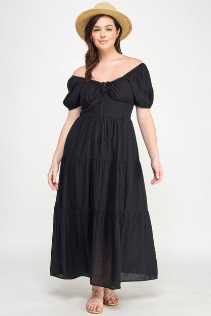 Front Tie Puff Sleeve Tiered Maxi Dress - ZumBuys