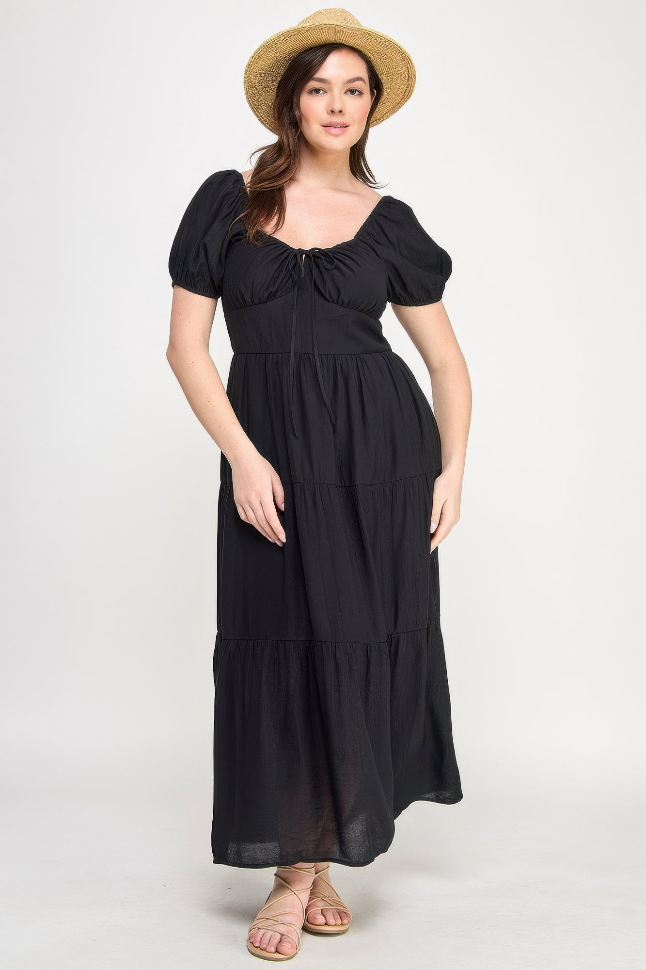Front Tie Puff Sleeve Tiered Maxi Dress - Clothing - ZumBuys Black / 1XL Front Tie Puff Sleeve Tiered Maxi Dress - Clothing - ZumBuys Black / 1XL