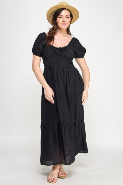 Front Tie Puff Sleeve Tiered Maxi Dress - ZumBuys