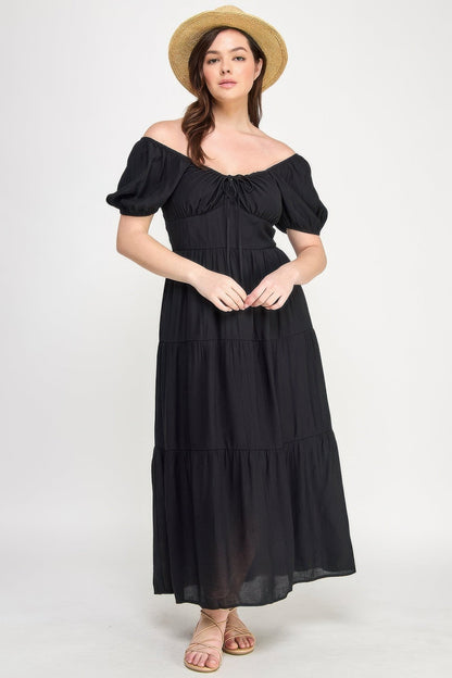 Front Tie Puff Sleeve Tiered Maxi Dress - ZumBuys