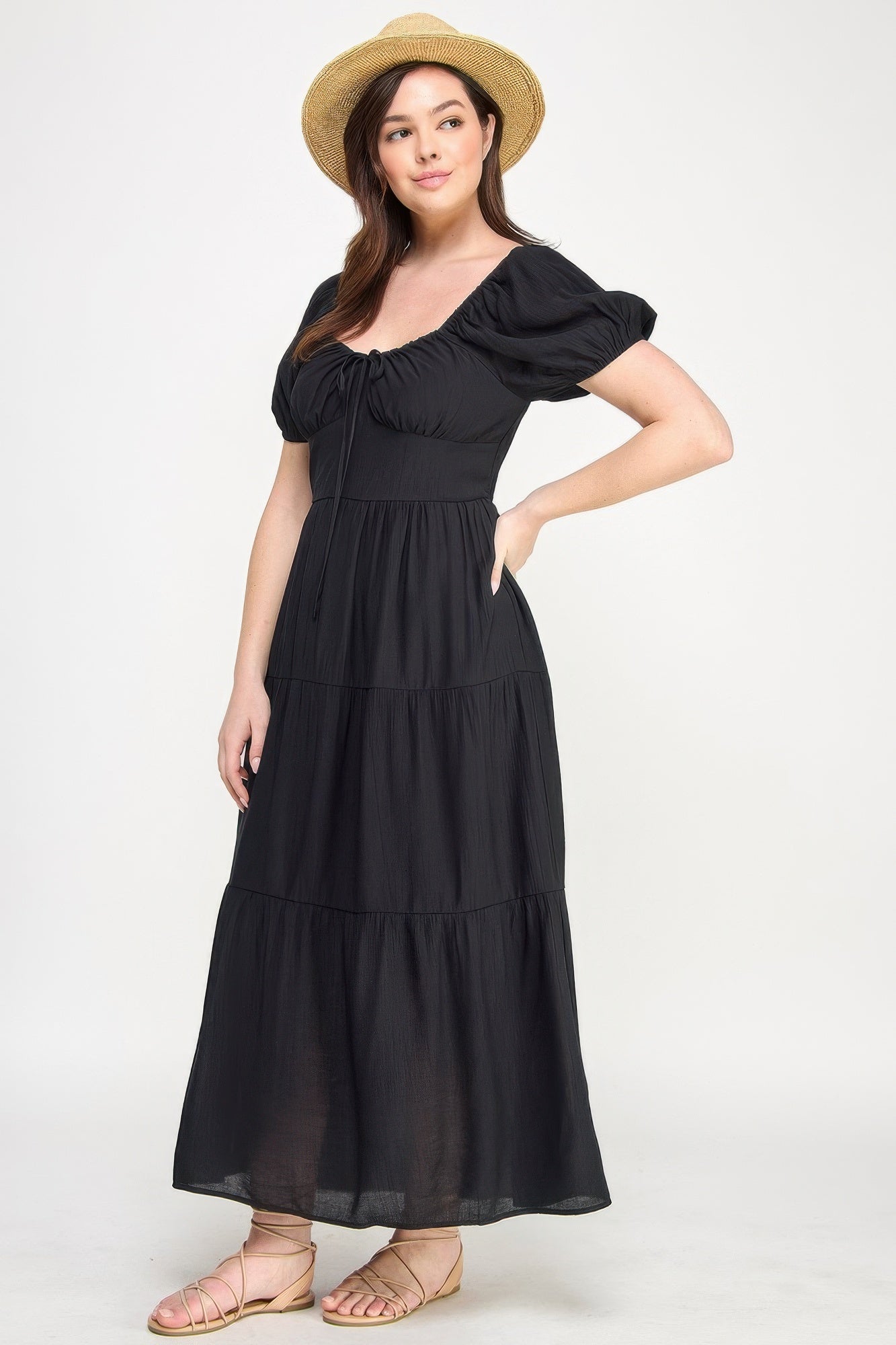 Front Tie Puff Sleeve Tiered Maxi Dress - ZumBuys
