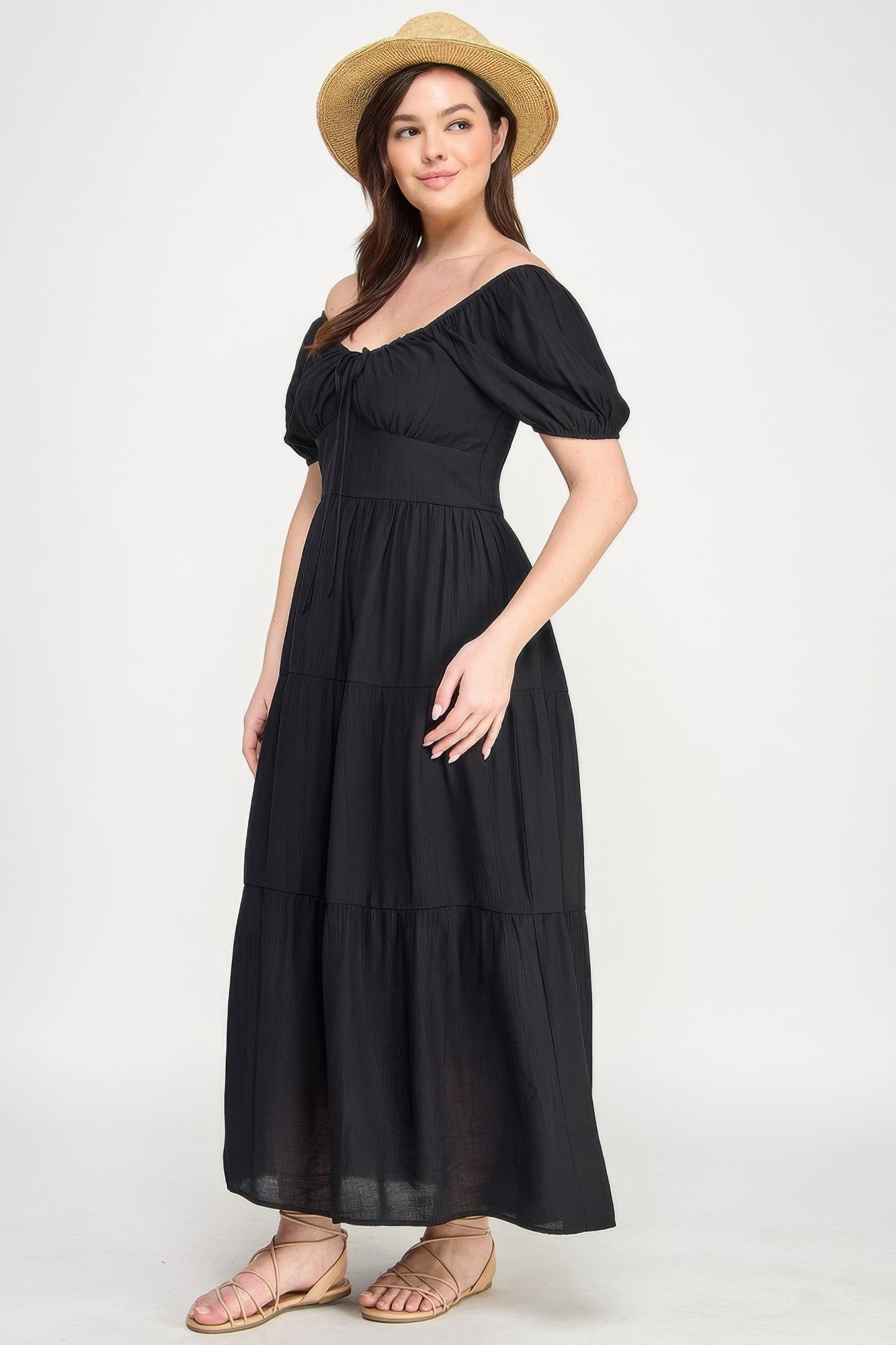 Front Tie Puff Sleeve Tiered Maxi Dress - ZumBuys
