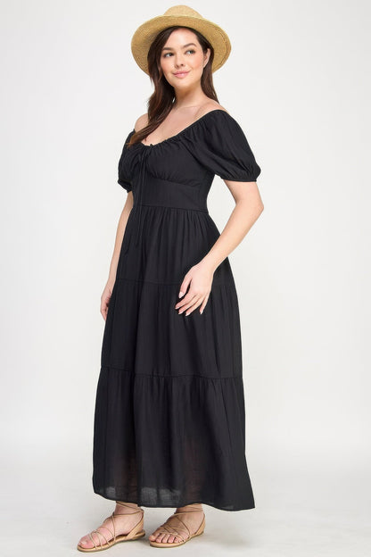 Front Tie Puff Sleeve Tiered Maxi Dress - ZumBuys