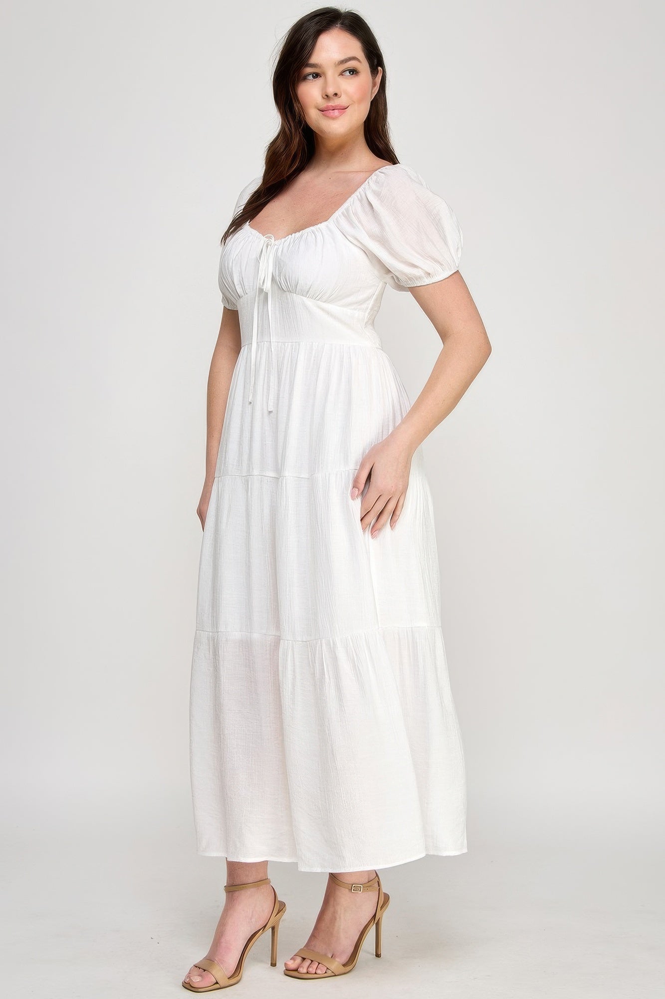 Front Tie Puff Sleeve Tiered Maxi Dress - ZumBuys