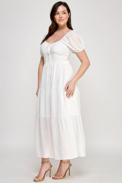 Front Tie Puff Sleeve Tiered Maxi Dress - ZumBuys