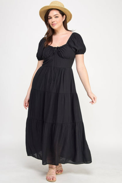 Front Tie Puff Sleeve Tiered Maxi Dress - ZumBuys