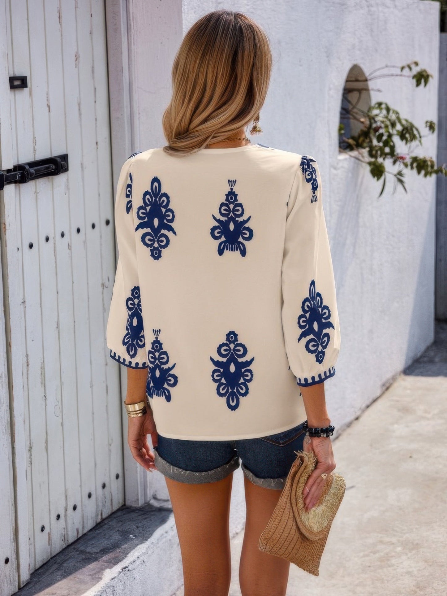 Geo Print V Neck Loose Puff Sleeves Blouse - ZumBuys
