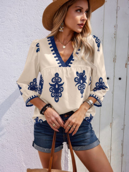 Geo Print V Neck Loose Puff Sleeves Blouse - ZumBuys