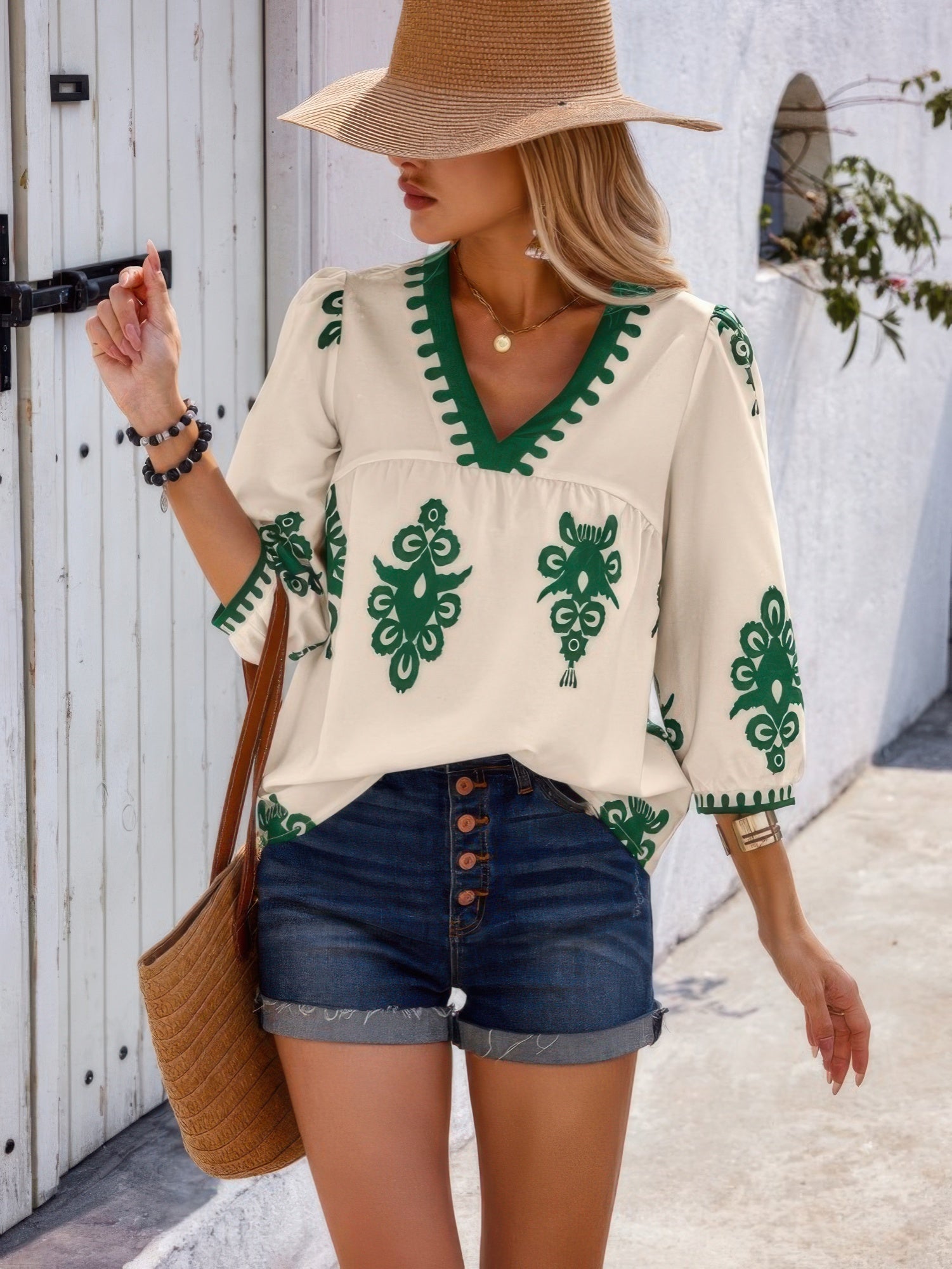 Geo Print V Neck Loose Puff Sleeves Blouse - ZumBuys