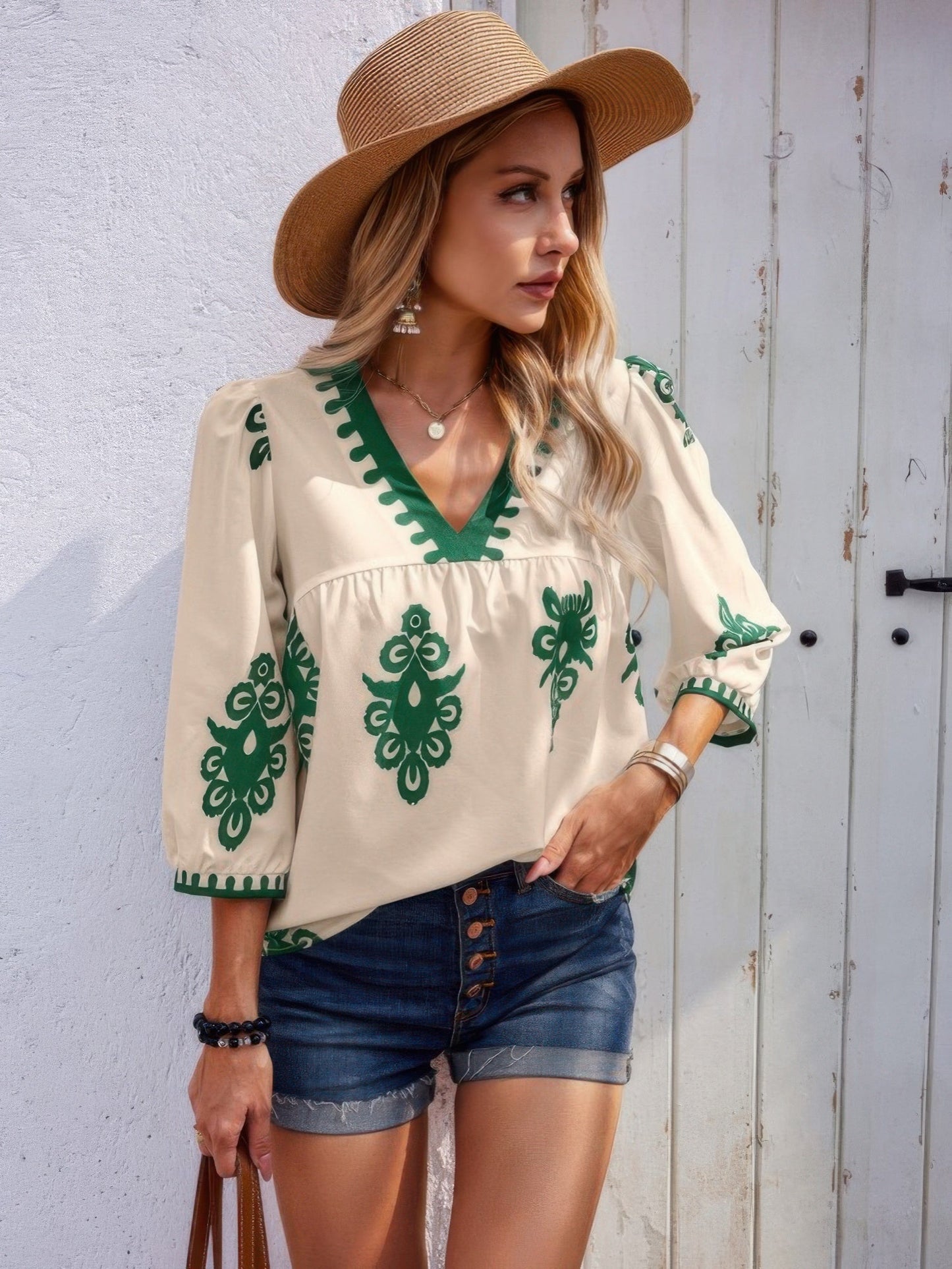 Geo Print V Neck Loose Puff Sleeves Blouse - ZumBuys