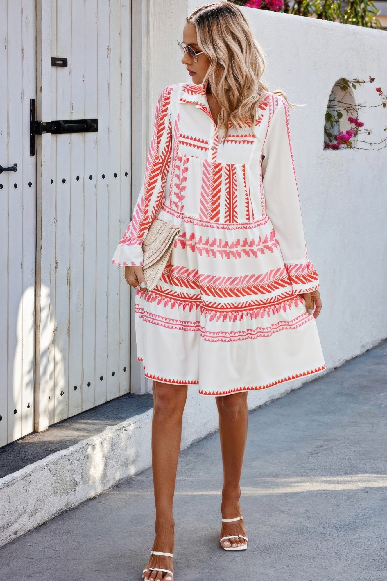 Geometric Printed Bell Ruffle Sleeve Button Dress - ZumBuys