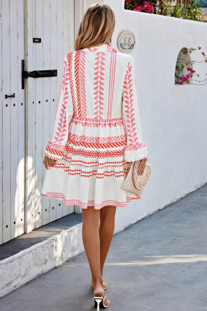 Geometric Printed Bell Ruffle Sleeve Button Dress - ZumBuys