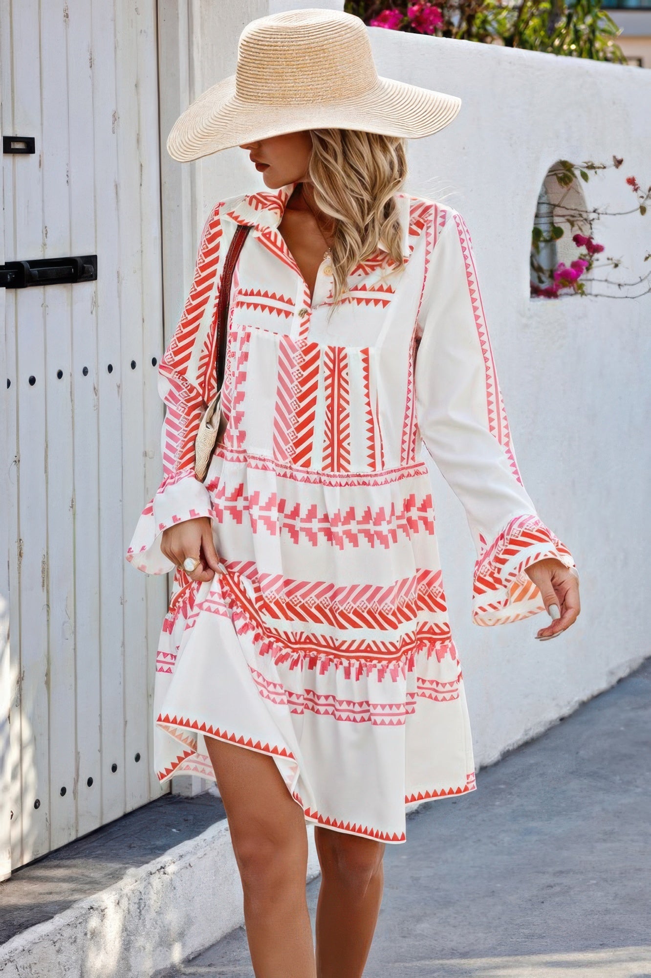 Geometric Printed Bell Ruffle Sleeve Button Dress - ZumBuys