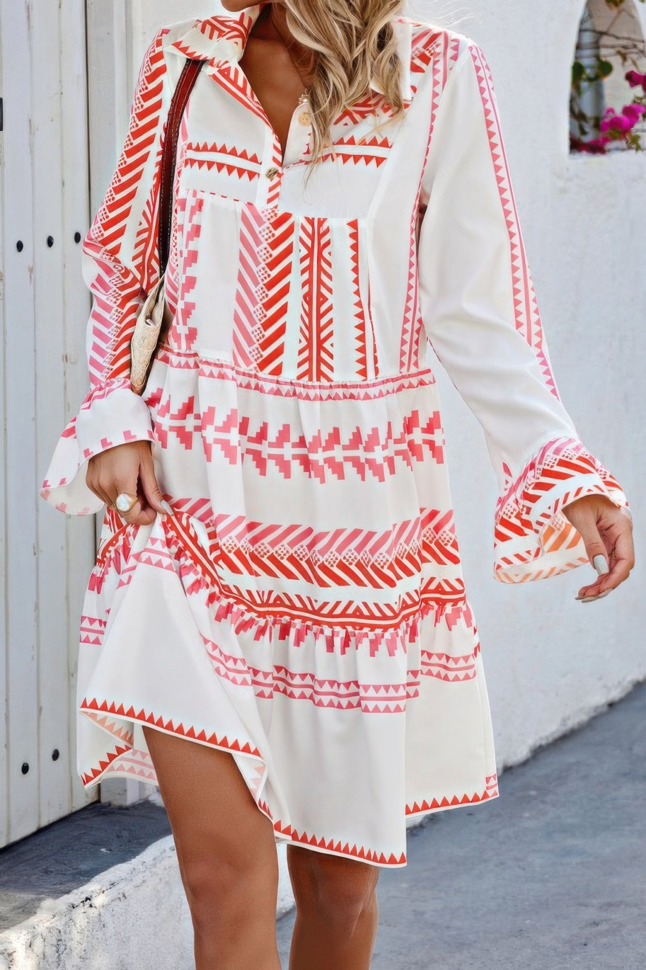 Geometric Printed Bell Ruffle Sleeve Button Dress - ZumBuys
