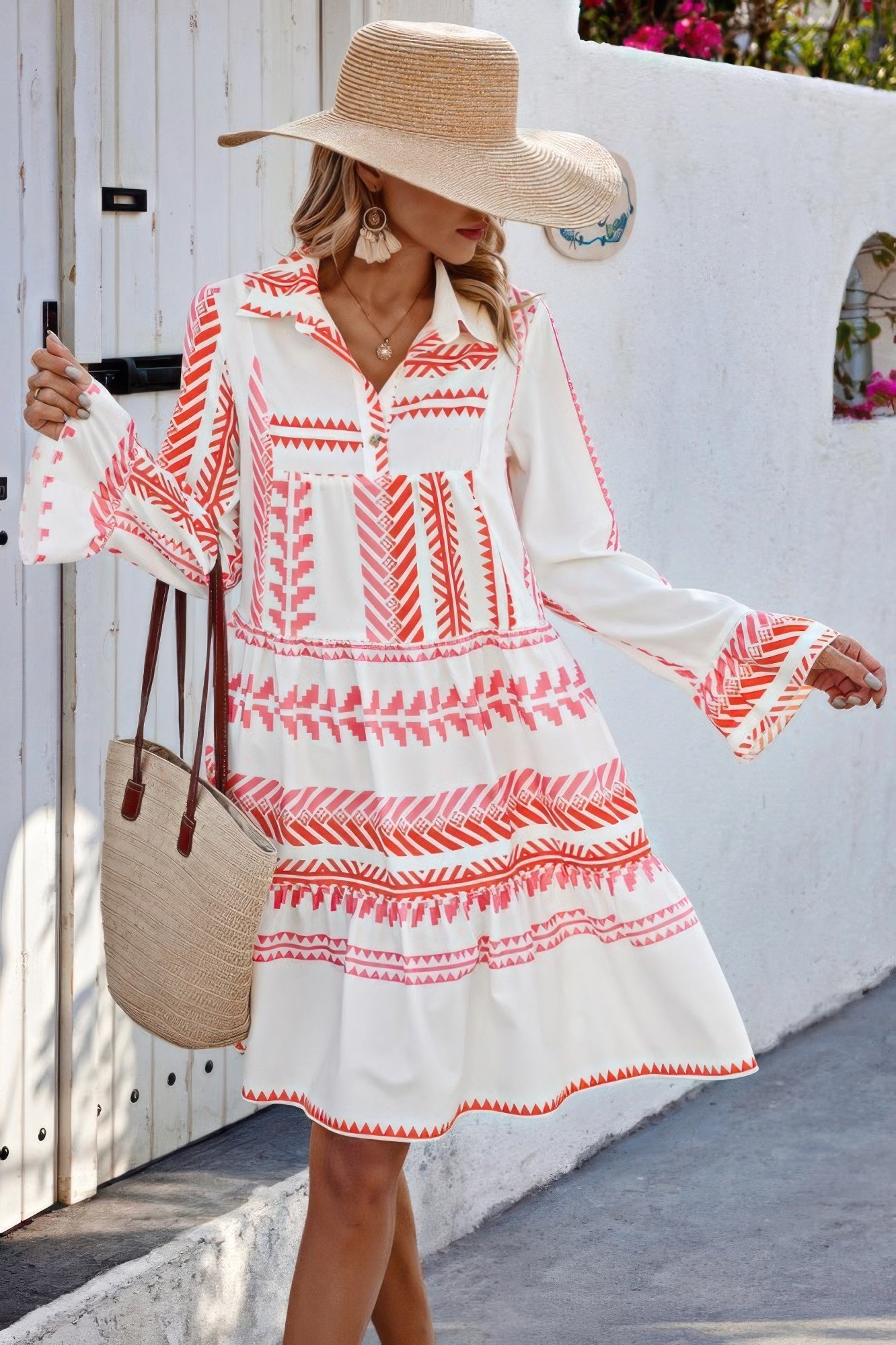 Geometric Printed Bell Ruffle Sleeve Button Dress - ZumBuys