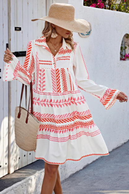 Geometric Printed Bell Ruffle Sleeve Button Dress - ZumBuys