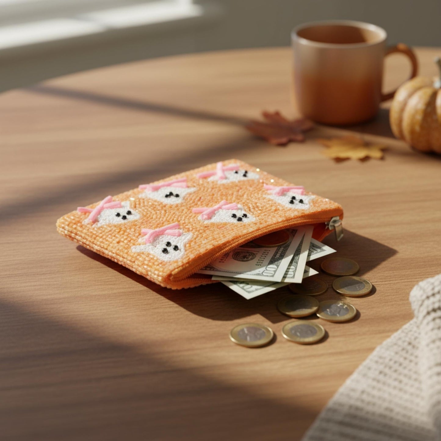 Ghost With Bow Seed Beaded Coin Bag - ZumBuys