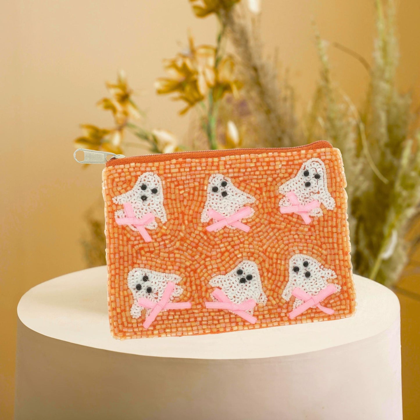 Ghost With Bow Seed Beaded Coin Bag - ZumBuys