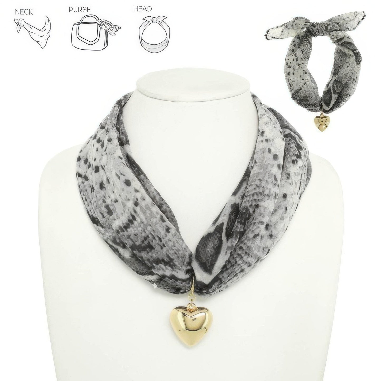 Graphic Print Heart Pendant Scarf Tie Necklace - ZumBuys