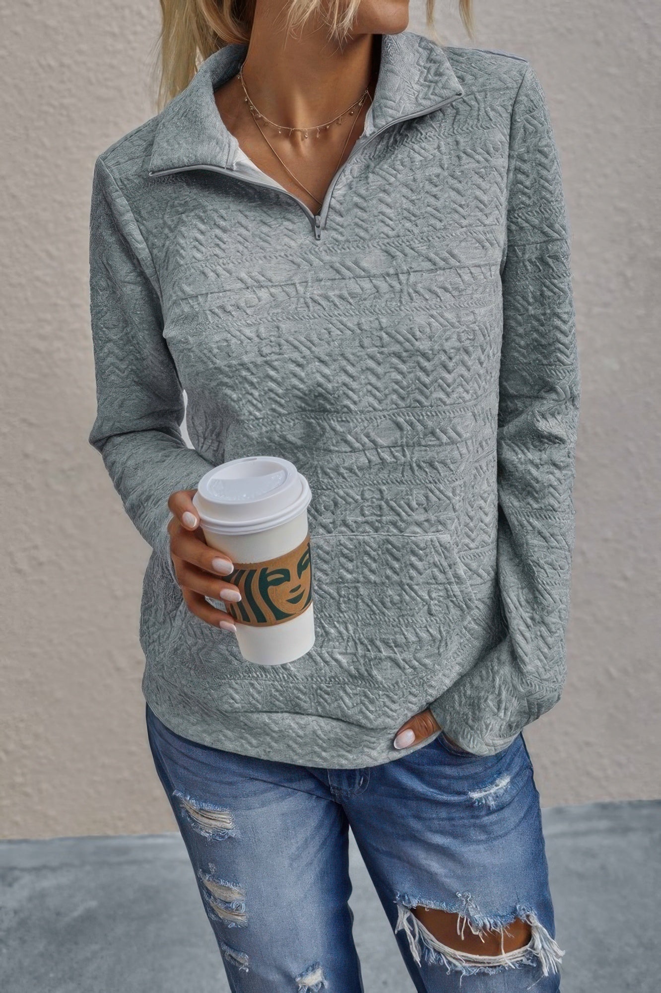 Half Zip Textured Solid Long Sleeve Pullover - ZumBuys