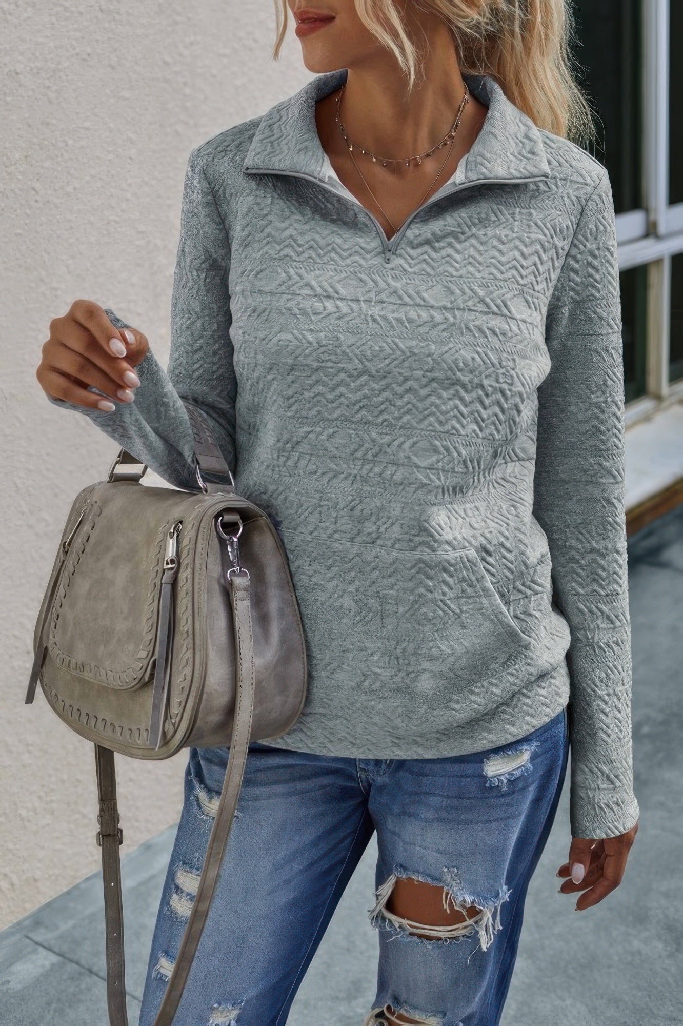 Half Zip Textured Solid Long Sleeve Pullover - ZumBuys