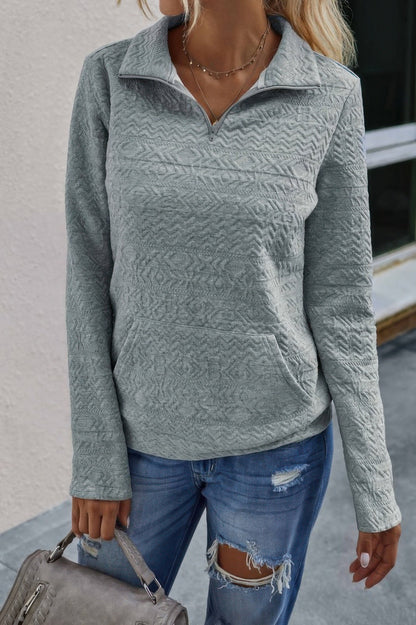 Half Zip Textured Solid Long Sleeve Pullover - ZumBuys