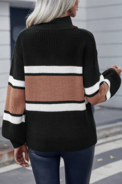 Half Zipper Stripe Knit Loose Fit Sweater - ZumBuys