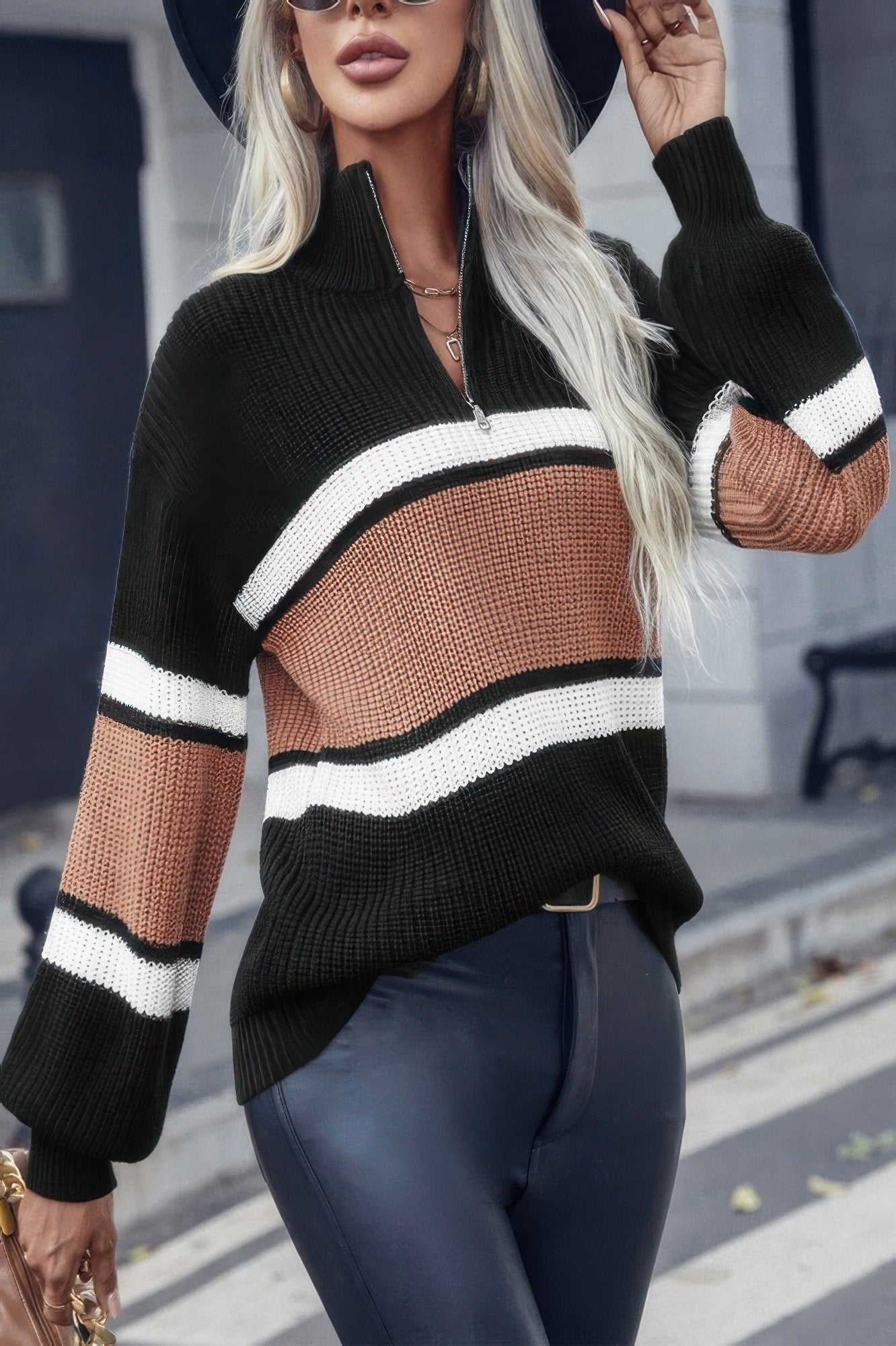 Half Zipper Stripe Knit Loose Fit Sweater - ZumBuys