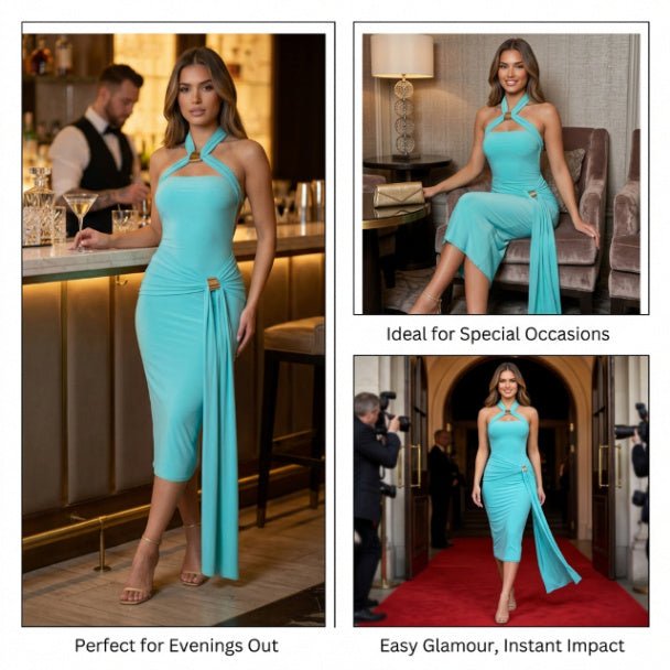 Halter Bodycon Midi Dress – Open Back Stretch Evening Dress for Women - ZumBuys