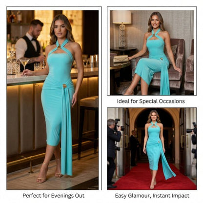 Halter Bodycon Midi Dress – Open Back Stretch Evening Dress for Women - ZumBuys