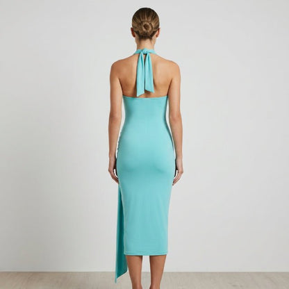 Halter Bodycon Midi Dress – Open Back Stretch Evening Dress for Women - ZumBuys