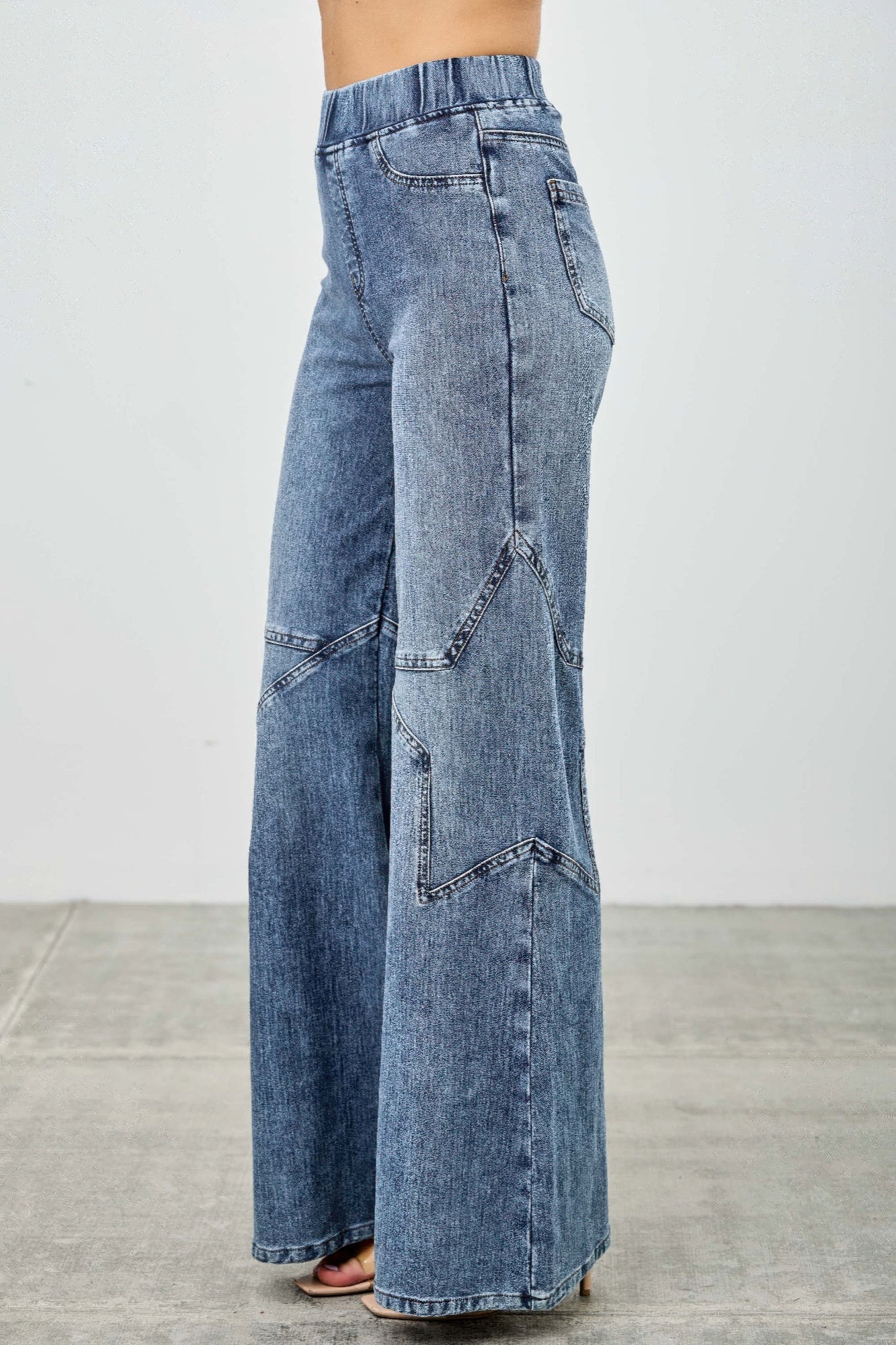 High Rise Star Pull On Knit Denim With Wide Leg - ZumBuys