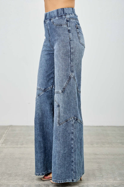 High Rise Star Pull On Knit Denim With Wide Leg - ZumBuys