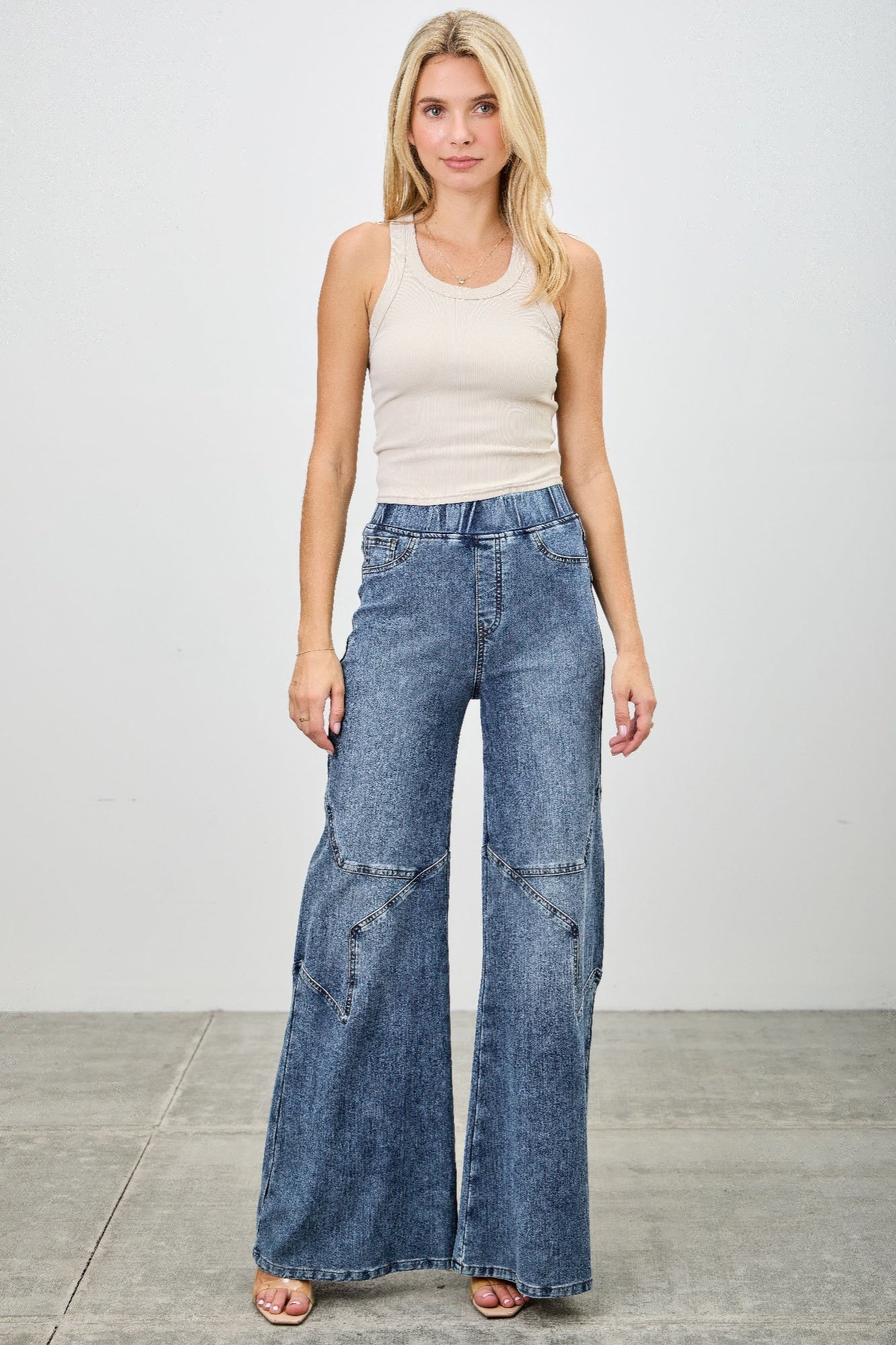 High Rise Star Pull On Knit Denim With Wide Leg - ZumBuys