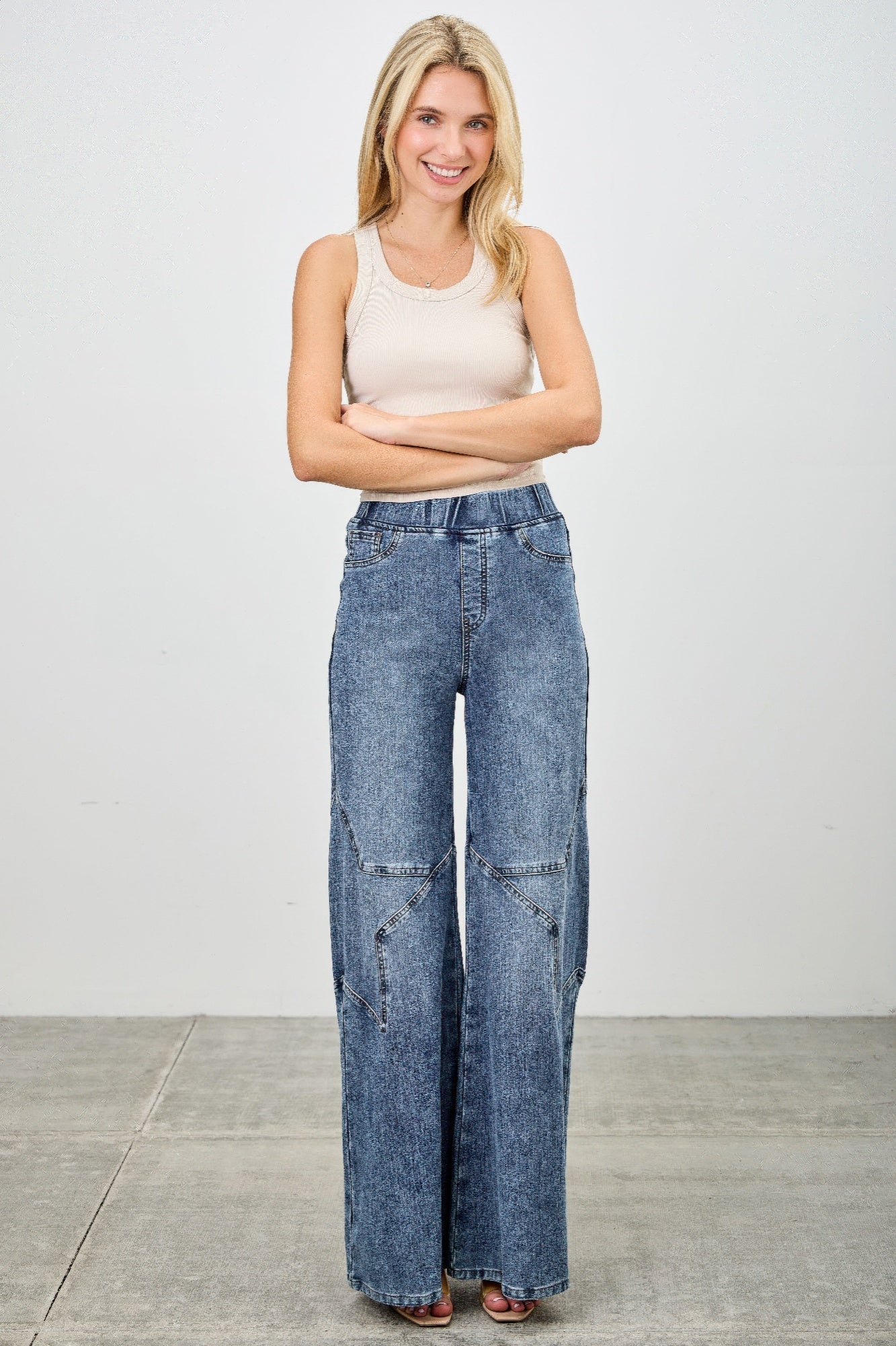High Rise Star Pull On Knit Denim With Wide Leg - ZumBuys