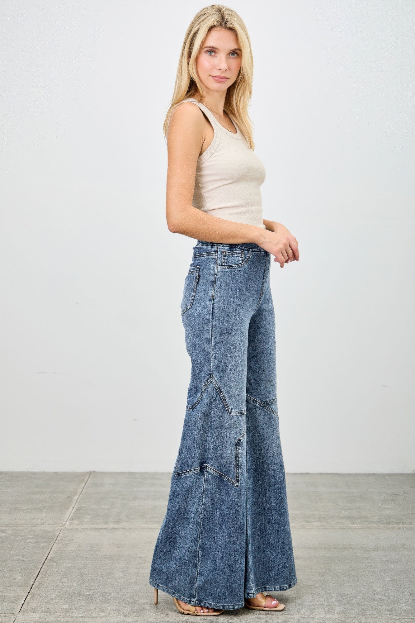 High Rise Star Pull On Knit Denim With Wide Leg - ZumBuys