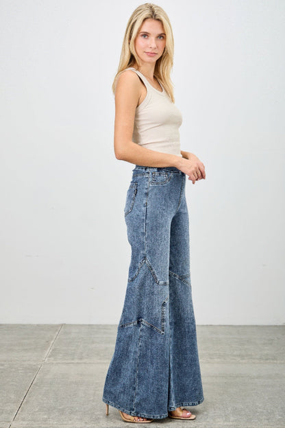 High Rise Star Pull On Knit Denim With Wide Leg - ZumBuys