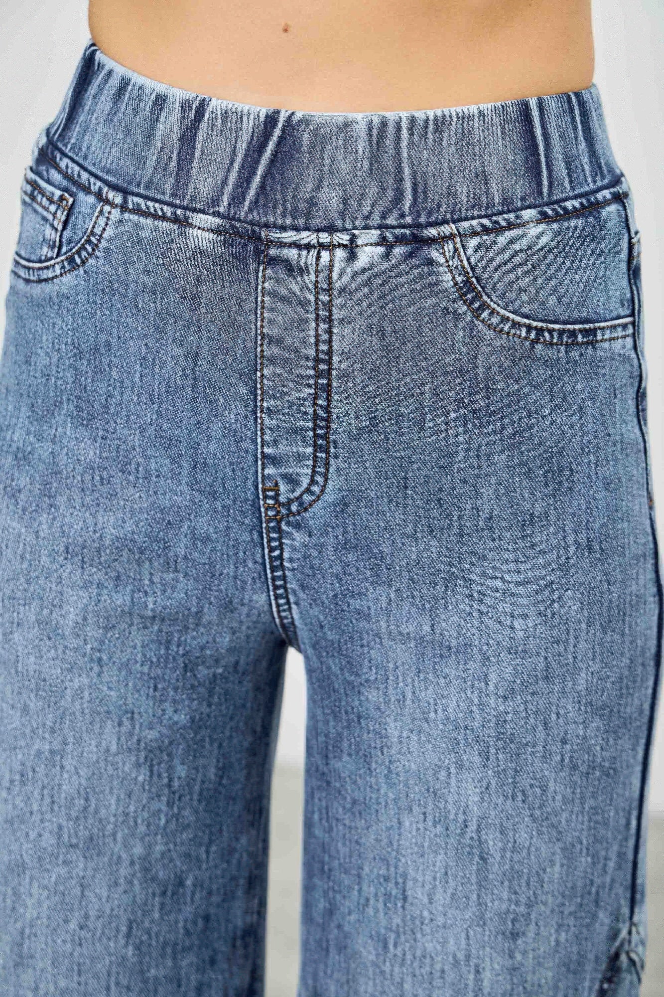 High Rise Star Pull On Knit Denim With Wide Leg - ZumBuys