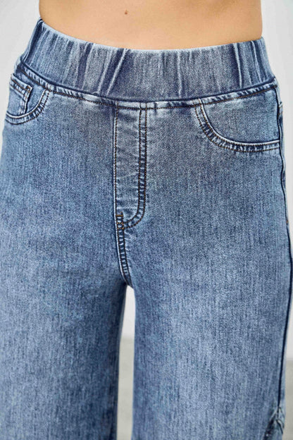 High Rise Star Pull On Knit Denim With Wide Leg - ZumBuys