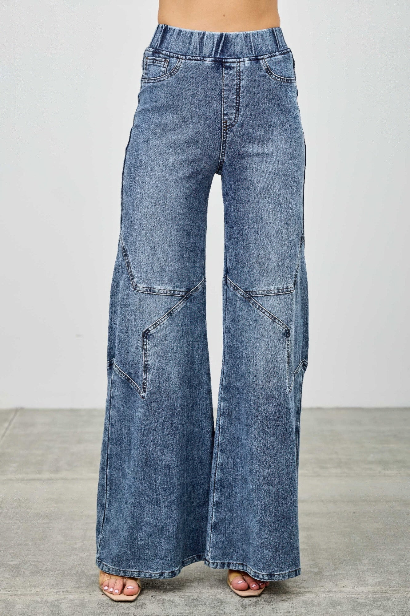 High Rise Star Pull On Knit Denim With Wide Leg - ZumBuys