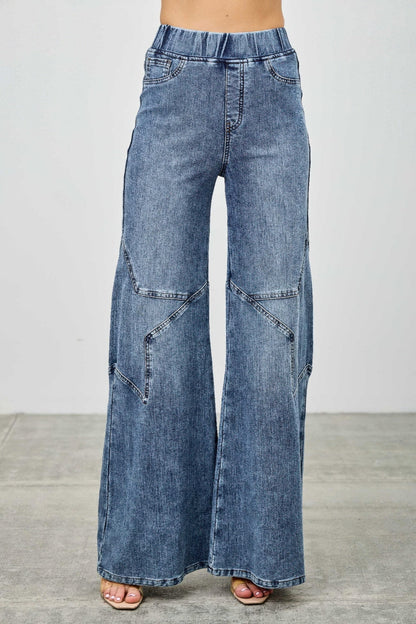 High Rise Star Pull On Knit Denim With Wide Leg - ZumBuys