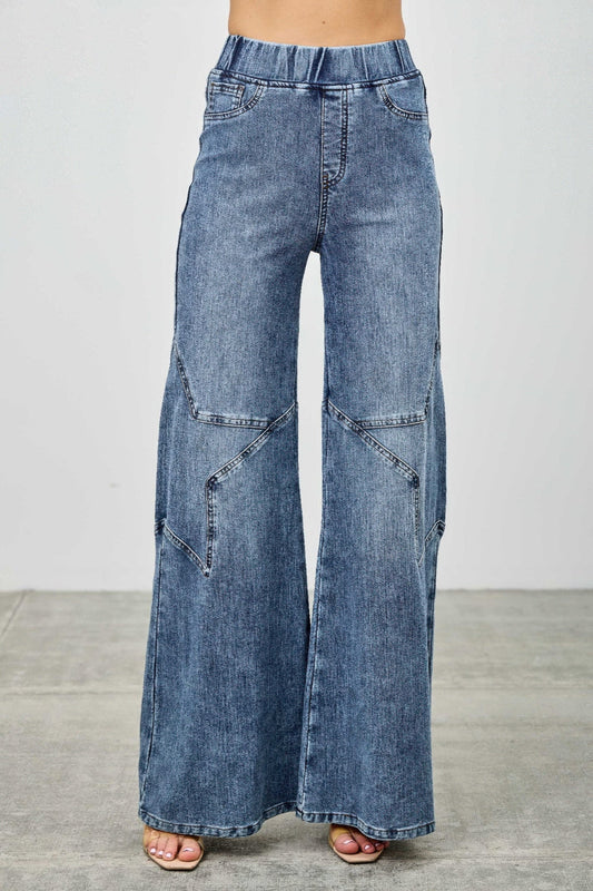 High Rise Star Pull On Knit Denim With Wide Leg - ZumBuys