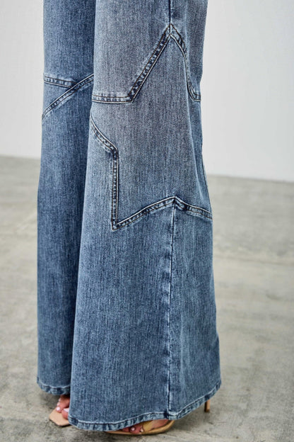 High Rise Star Pull On Knit Denim With Wide Leg - ZumBuys