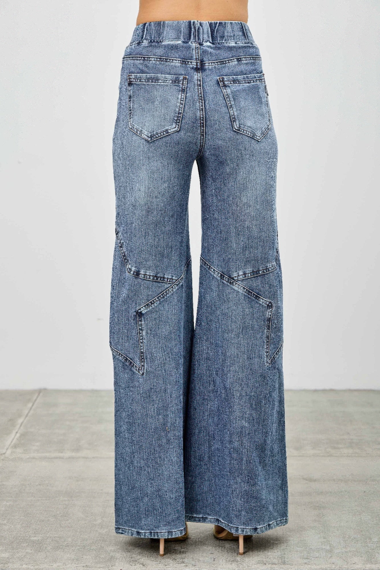 High Rise Star Pull On Knit Denim With Wide Leg - ZumBuys