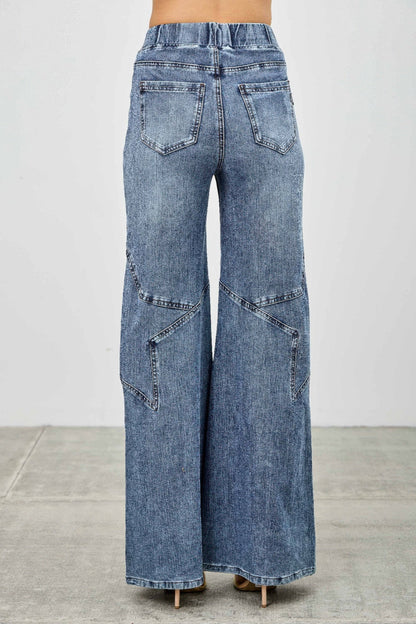 High Rise Star Pull On Knit Denim With Wide Leg - ZumBuys