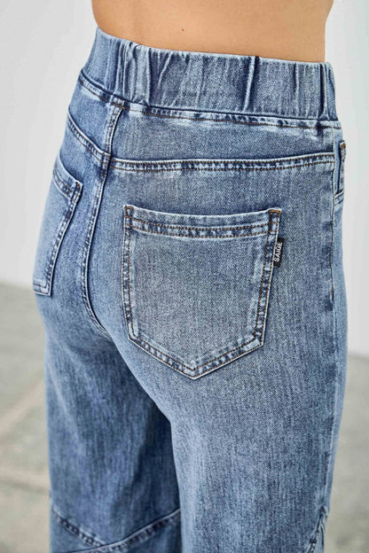 High Rise Star Pull On Knit Denim With Wide Leg - ZumBuys