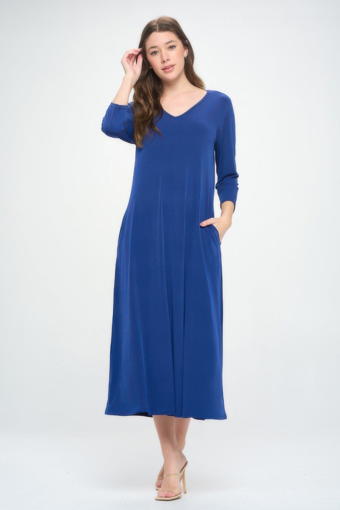 Hit V - neck Long Dress W/pocket - ZumBuys