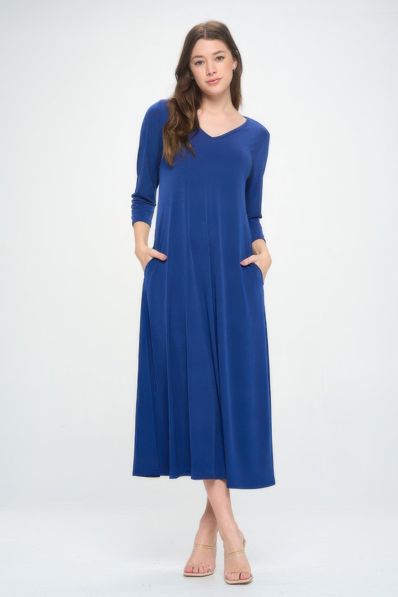 Hit V - neck Long Dress W/pocket - ZumBuys