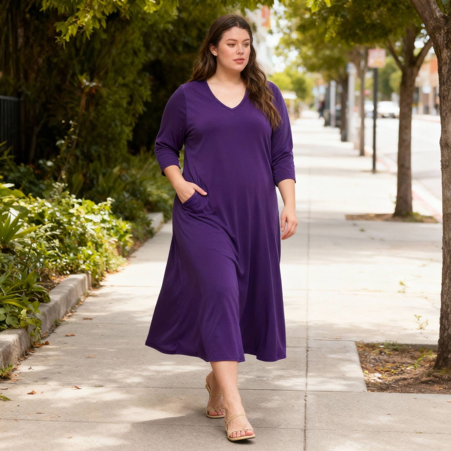 Hit V - neck Long Dress W/pocket - ZumBuys